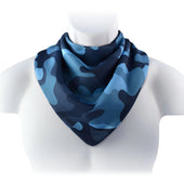 Blue junior neckerchief dribble bib on a white mannequin torso, plain white background, front view.