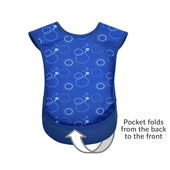 Blue junior tabard style bib with circular pattern, waterproof fabric and foldable front pocket, machine washable, front view.