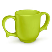 White two handled mug for easy grip on a white background, front view.