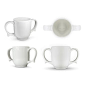 White two-handled ceramic mug on a white background, shown from multiple angles.