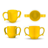 White two-handled ceramic mug shown in front, back, side, and top views on a white background.