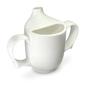 White two-handled feeding cup with spout for easy drinking, shown from the side.