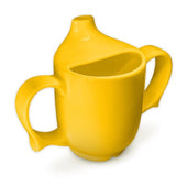 Yellow two handled feeding cup with spout and wide opening, designed for easy grip, front view.