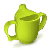 Yellow two handled feeding cup with spouted lid for easy drinking, shown from a side view.