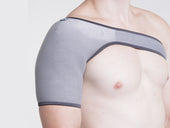Kedley Pro-Light Neoprene Shoulder Support worn on left shoulder and upper arm, plain background, in use front view.