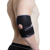 Black and grey Kedley Aero-Tech Neoprene Advanced Elbow Support on right arm, worn by a person, back and side view.
