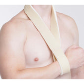 Kedley Foam Arm Sling on right arm, adjustable strap supporting arm across chest, person shirtless, front view.