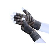 Hands wearing black Kedley Arthritis Gloves with orange stripes and open fingertips, in use, front view.