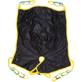 Black and yellow split leg in-chair sling with soft-knit polyester and coloured loops, front view.