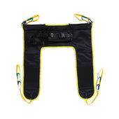 Black and yellow padded toileting poly sling laid flat on white background, top view.