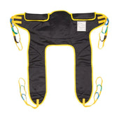 Black and yellow transport sling with four loops on each side, laid flat on a white background, top view.