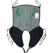 Grey and black Glove Deluxe Bathing Sling with green, orange, and black loops, laid flat on a white surface, top view.