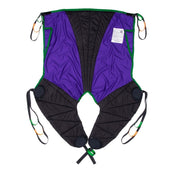 Purple and black sling with green trim, featuring several side and leg attachment loops, front view.