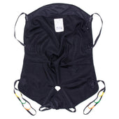 Black full body sling with four straps and multiple loops, displayed flat on a white background, top view.