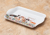 Rectangular white tray with handles, six dog prints, flowers, and “fetch this” text on a tan background, top view.