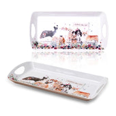 Serving tray with handles, decorated with dog breed pictures and bright flower patterns, top view.
