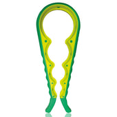 Green and yellow rubber multi size jar opener for lid opening, designed for weak grip, top view.