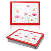 Aidapt lap tray with cushion, wipe-clean surface and watercolour poppy design, shown flat and as a bean-bag tray, angled view.