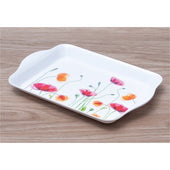 White rectangular serving tray with side handles and colourful flower pattern, top view.