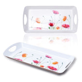 Set of two white serving trays with colourful floral patterns and handles, shown from above.
