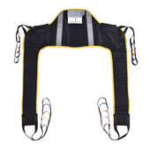 Black and yellow Oxford Toileting Plus Sling with adjustable belt and multicoloured loops, shown flat on a white background, top view.