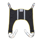 Black Oxford Toileting Low Sling with yellow trim, four straps, coloured loops and body belt on a white background, front view.