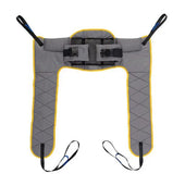 Oxford Access padded sling in grey and yellow with four black straps and buckles, laid flat on white background, top view.