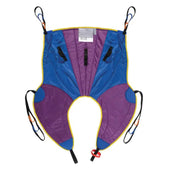 Oxford Multifit Sling with blue and purple fabric, four black straps, and paddle legs for patient lifting, front view.