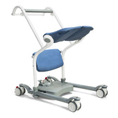 Drive Boost Adjustable Transfer Aid with four wheels, padded seat and support bar, side view.