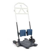 Transfer aid with white handle, blue knee pads, adjustable leg support, for patient movement; side view.