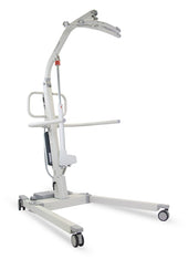 White aluminium Prism Medical A-320B mobile hoist with wheels, handles, overhead arm and control box, side view.