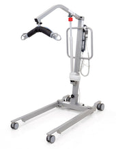Grey mobile hoist with wheels, padded arm and control panel for patient lifting, side view.