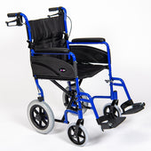 Green lightweight Dash Express wheelchair with black seat, armrests and footrests on a white background, front angle view.
