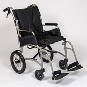 Black and silver lightweight transit wheelchair with large rear wheels and footrests, white background, side view.