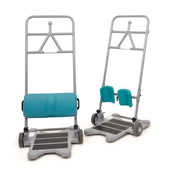 Pair of Prism Medical Mackworth Raiser mobility aids with wheels, knee pads and teal supports, white background, front view.