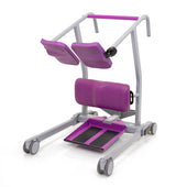 Prism Medical Freeway TA180 Transfer Aid with knee pads, grab bar, foot platform and wheeled base, side view.