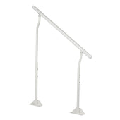 Adjustable white metal stair rail supports with two posts and mounting plates, for safety on stairs, side view.
