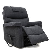Charcoal grey dual motor riser recliner chair with padded arms, heat and massage, partially reclined, front angle view.