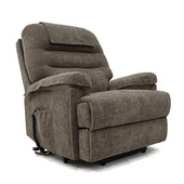 Cocoa brown four motor riser recliner chair with padded arms, remote control, and massage feature, front angle view.