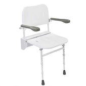 Folding shower seat with backrest, armrests, and two foldable support legs, shown from the side.
