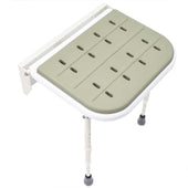 Folding shower seat with padded surface, adjustable legs and rubber feet for stability, side view.
