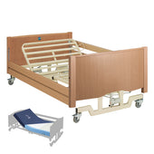 Bariatric low bed with mattress, wood-look ends, adjustable height, and wheels, side view.