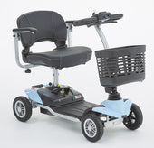 Blue four-wheel mobility scooter with black seat, armrests, handlebars and front basket, side view.
