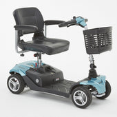 Plum Motion Healthcare Airium three-wheel scooter with cushioned seat, armrests, and front basket, side view.
