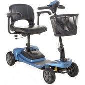 Motion Healthcare Lithilite Sand mobility scooter with black seat, armrests, handlebars, front basket and lithium battery, side view.