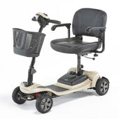 Beige Lithilite mobility scooter with black seat, armrests and front basket, lithium battery and solid wheels, side view.