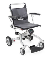 Aerolite folding powerchair with joystick control, padded seat, armrests and footrest, front angle view.