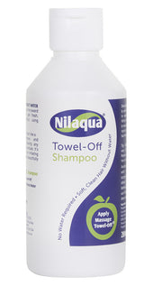 Nilaqua Towel Off Shampoo in a white bottle with green-blue label, showing No Water Required and instructions, front view.