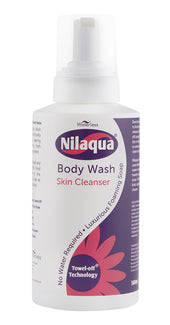 Nilaqua Foaming Skin Cleanser 200ml white bottle with pump and purple pink label, no water needed, front view.