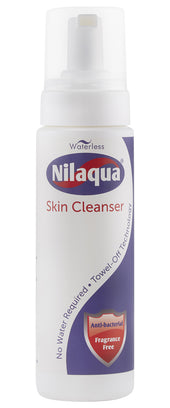 Nilaqua Antimicrobial Skin Cleanser 200ml bottle, fragrance free, pump top, anti-bacterial formula, front view.